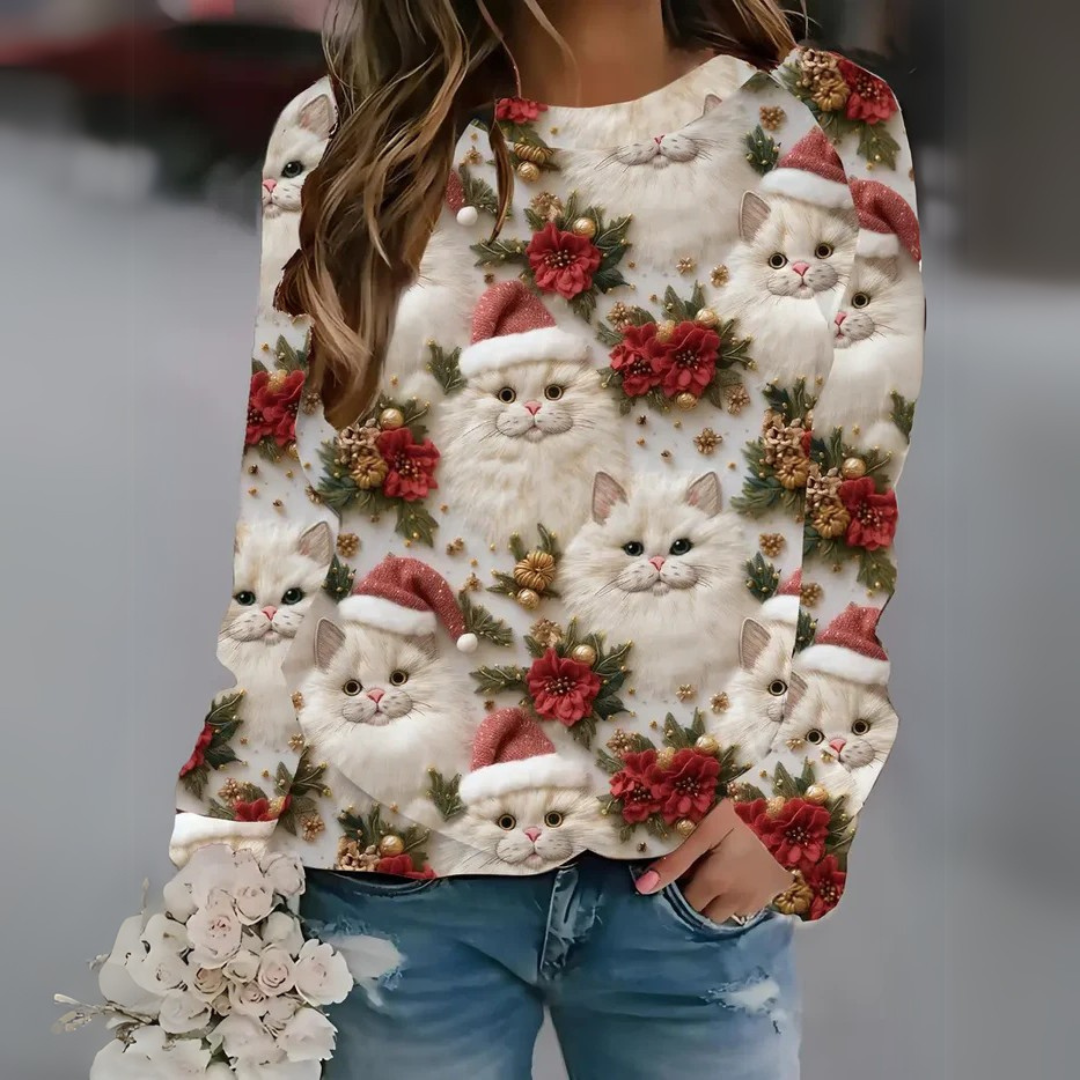 Lilly Katzen-Pullover | Weihnachtspulli mit Katzenmotiv und Rundhals