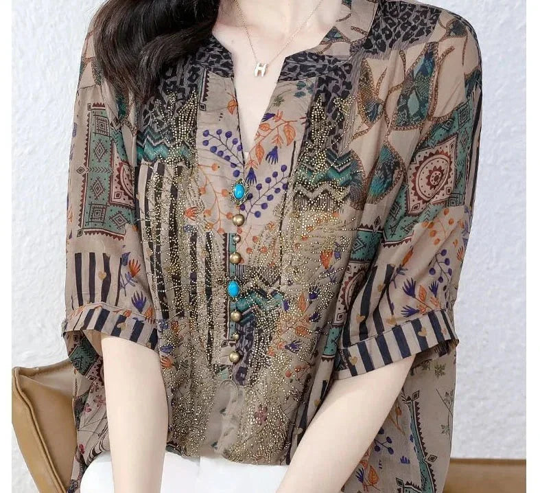 Marla - Vintage Lässiges V-Ausschnitt Shirt für Damen Sommer