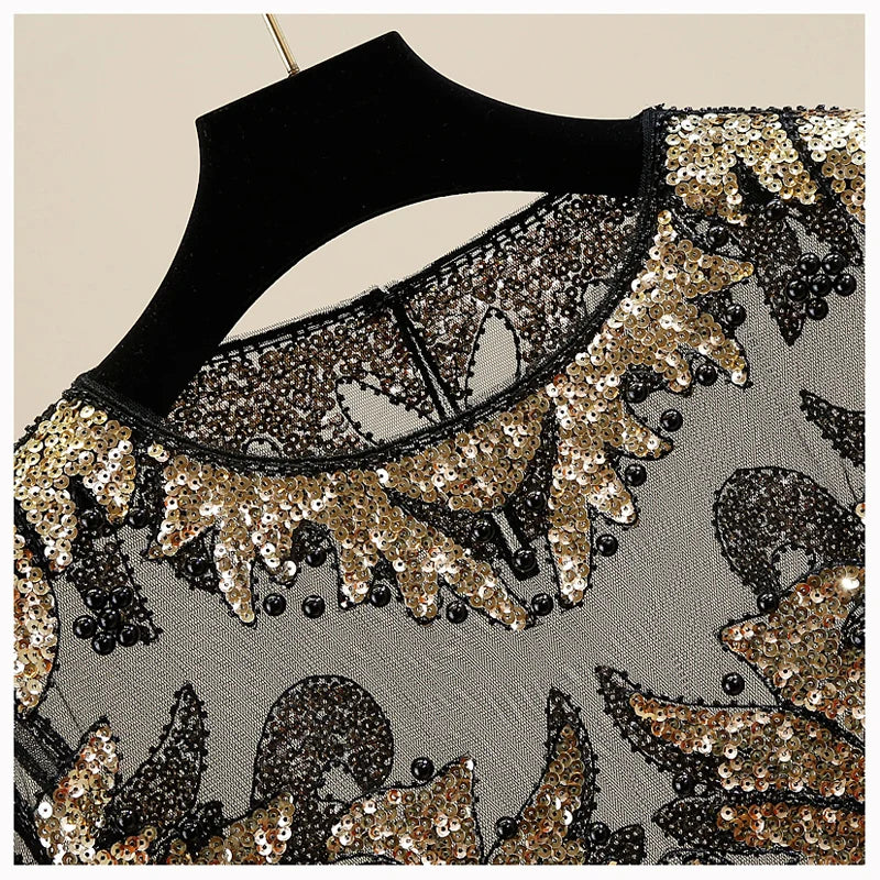 Jassmine - Vintage Elegantes Perlen Pailletten Mesh Top