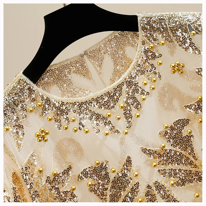 Jassmine - Vintage Elegantes Perlen Pailletten Mesh Top