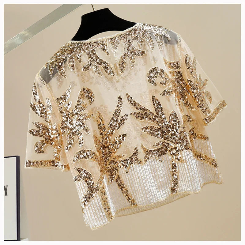 Jassmine - Vintage Elegantes Perlen Pailletten Mesh Top