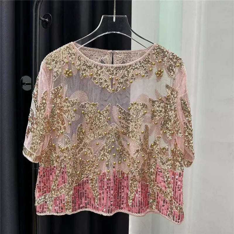 Jassmine - Vintage Elegantes Perlen Pailletten Mesh Top