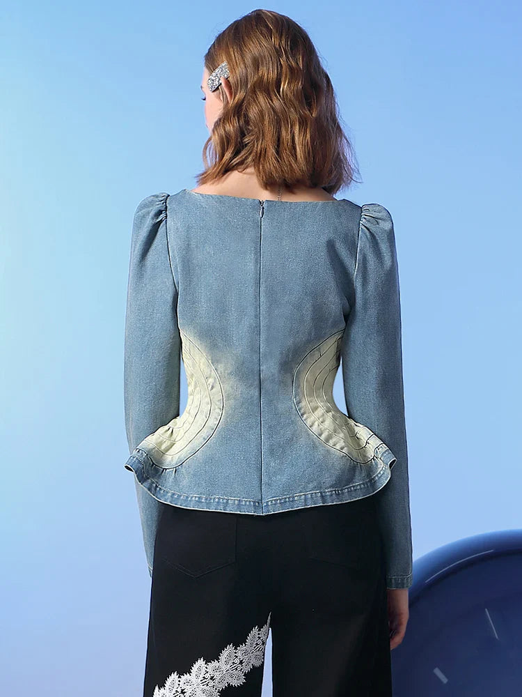 Alayah - Damen Blaues Denim Luxus Top
