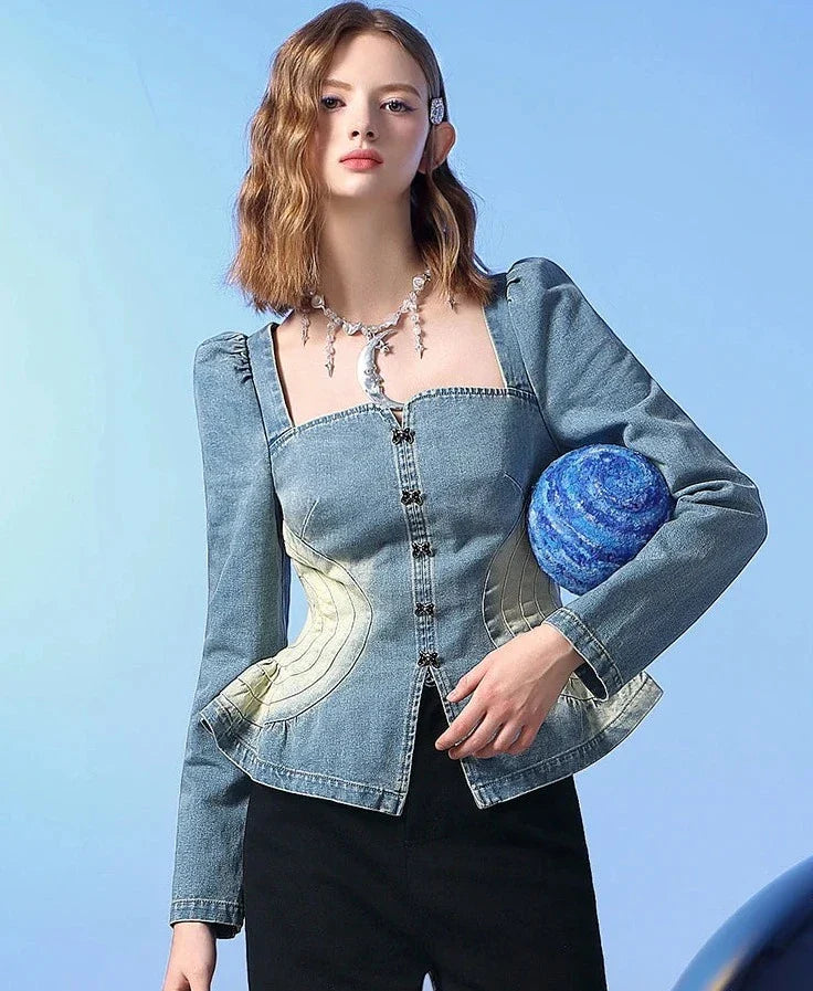 Alayah - Damen Blaues Denim Luxus Top