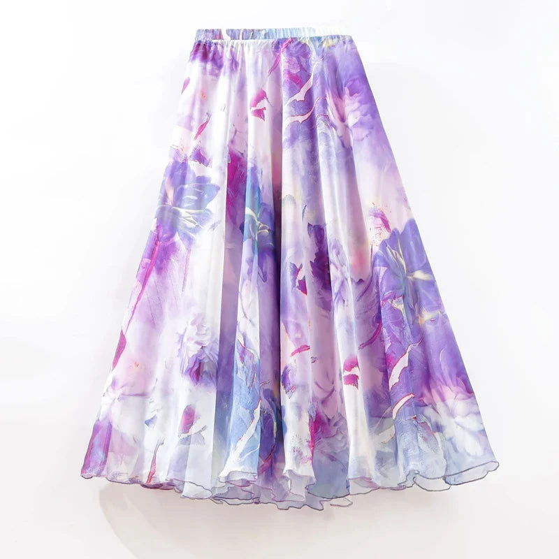 Lila - Langer Chiffonrock mit Aufdruck