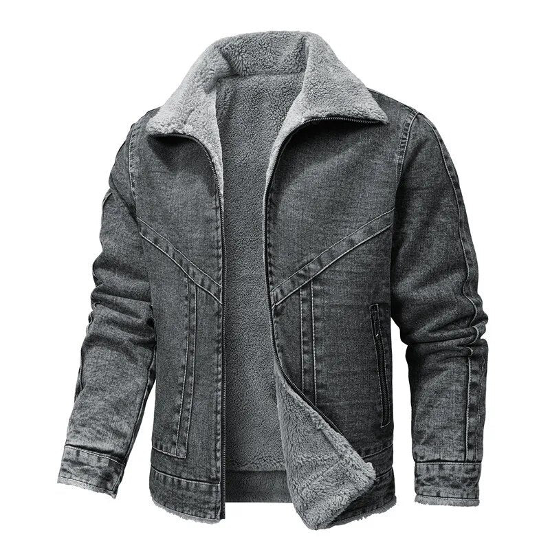 Winter-Jeansjacke – Warm – mit Reißverschluss – mit Fleece gefüttert – Herrenjacke