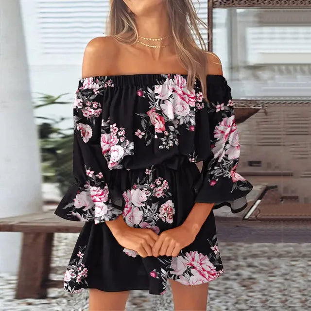 Lillymoda | Amelia - Stilvolles Schulterfreies Kleid mit Blumenmuster