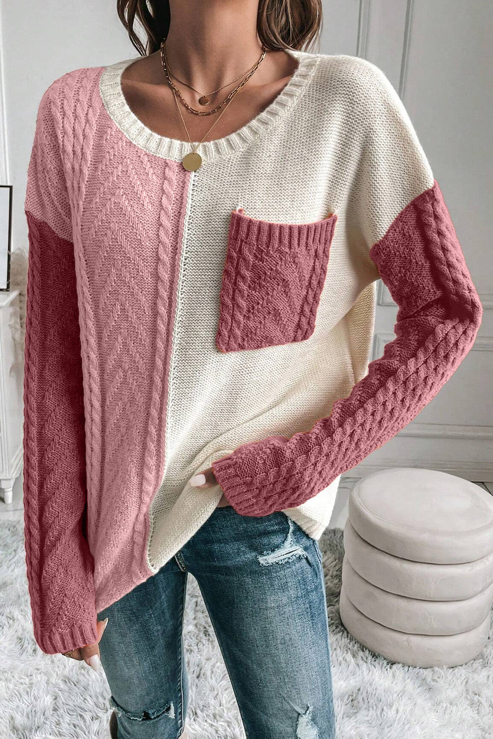Pullover im trendigen Farbblock-Design mit Rundhalsausschnitt und langen Ärmeln für Frauen