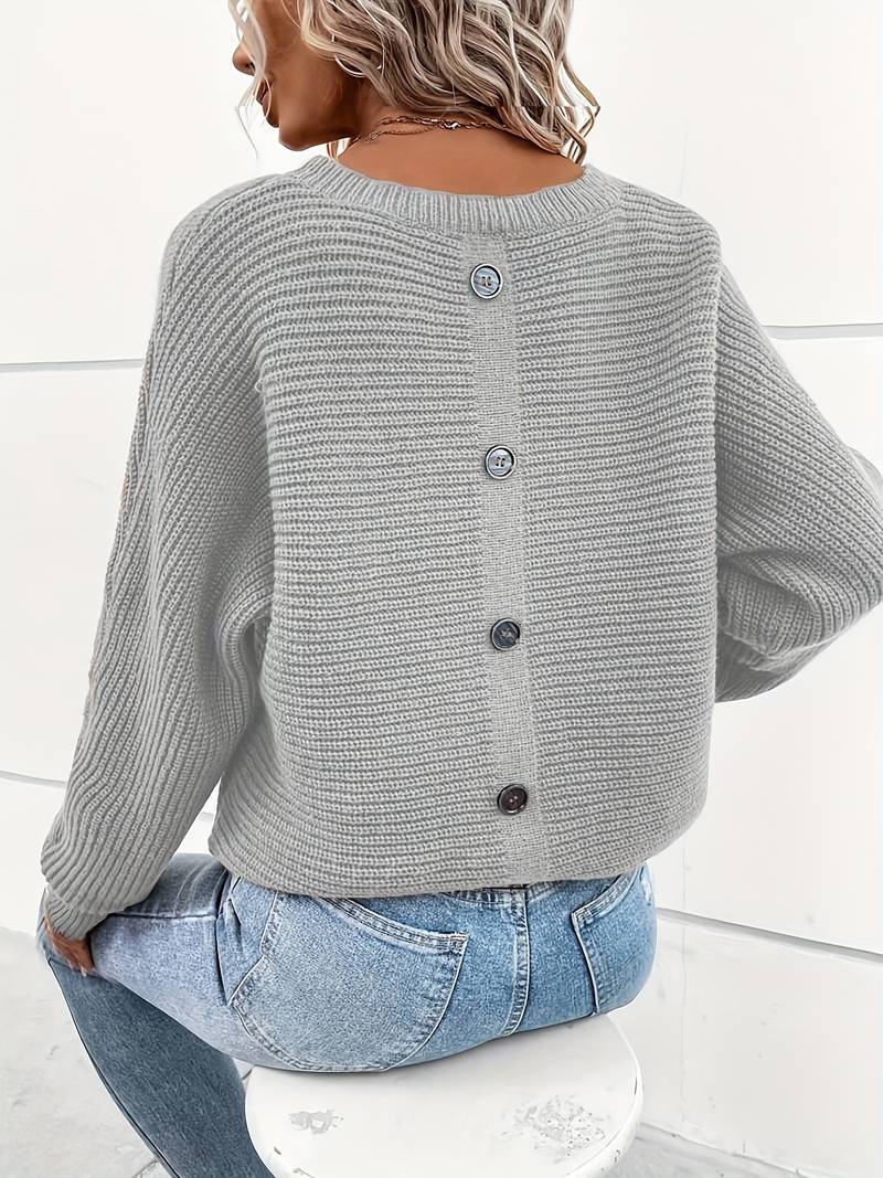 Afina - Damen Einfarbiger Pullover mit Knopfleiste auf der Rückseite