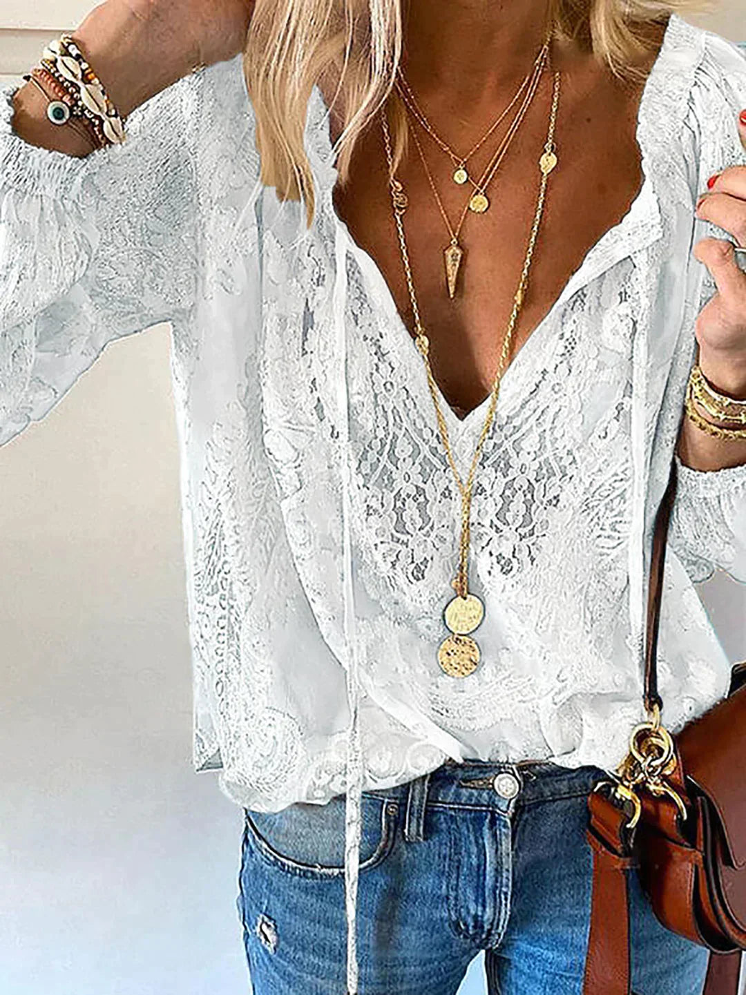Lillymoda | Isabelle - Boho-Spitzenbluse mit V-Ausschnitt